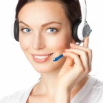 Support phone operator in headset, isolated on white